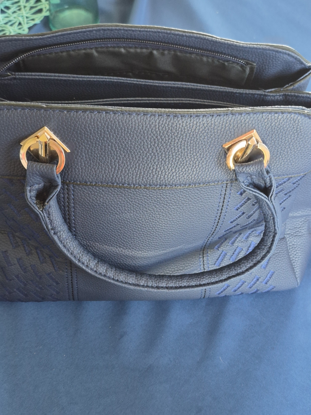 Navy Blue Structured Handbag with Gold Hardware